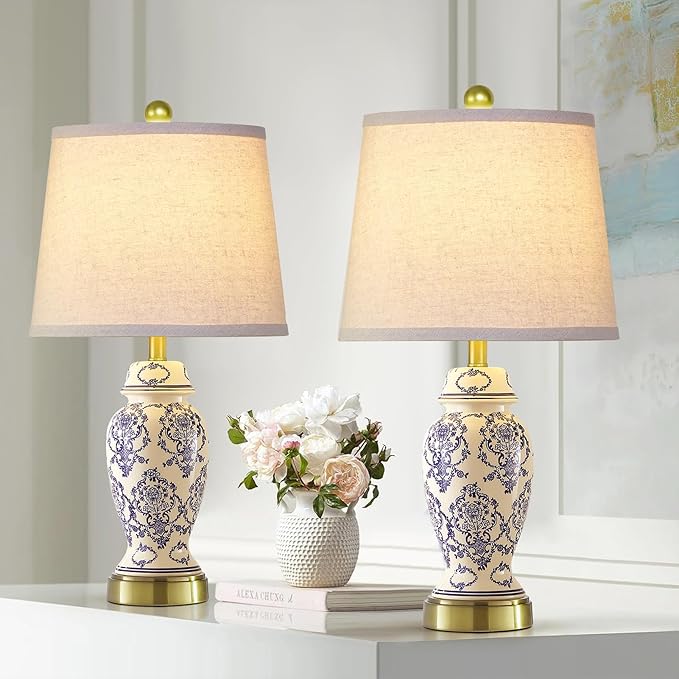 RORIANO Chinoiserie Ceramic Small Table Lamps Set of 2 for Living Room Bedroom Bedside, Traditional Beige and Blue Porcelain Classic Table Lamp for Nightstand Entryway, 2 LED Bulbs Included