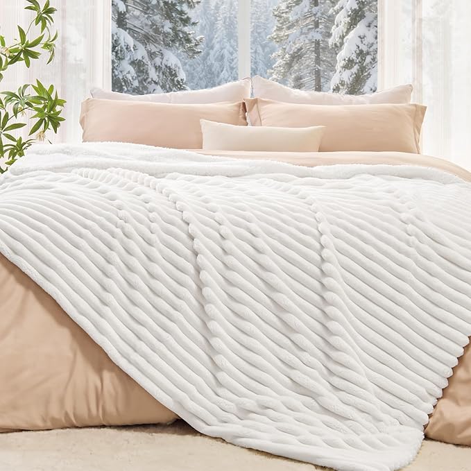 INFIIXSO Sherpa Fleece King Size Blanket - Super Soft & Warm Striped Fleece, Cozy Plush Fluffy Large Bed Blanket All Season Use (Off White, 104x90 Inches)