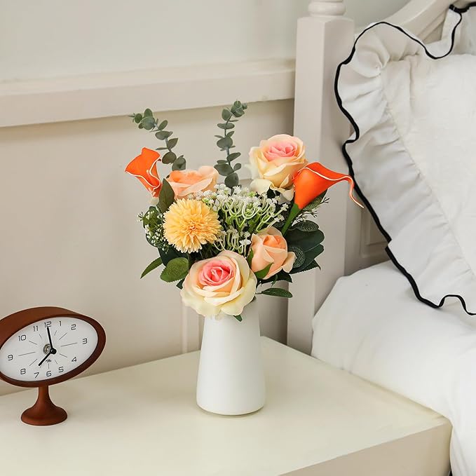 Fake Flowers with a Ceramic Vase, Fake Flower Bouquet in vase, Floral Decor Flower Arrangements for Home Office Farmhouse Bathroom Dining Table Centerpiece Decorations Coffee Table(Champagne)
