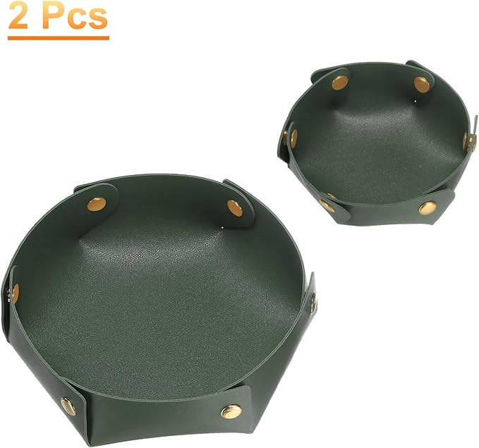 HARFINGTON 2pcs PU Leather Valet Tray Unisex Valet Tray Folding Round Catchall Tray Portable Entryway Table Tray Nightstand Bedside Desk Tray for Key Watch Coin Jewelry Dice, Dark Green