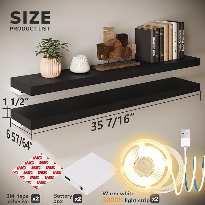BAMEOS LED Floating Shelves for Wall, 35" W Black Wall Mounted Wooden Shelves with Invisible Brackets, Set of 2, Hanging Wall Shelves for Bedroom, Living Room, Kitchen, Study Decoration