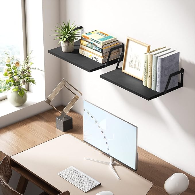 SRIWATANA Floating Shelves Wall Mounted Set of 2 Rustic Wood Shelves with Large Capacity(Black
