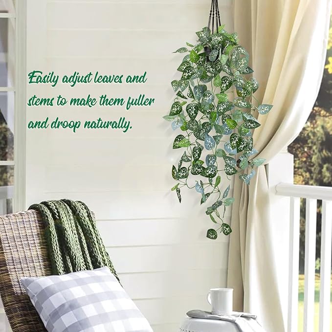 LOYWREE 39-in Long Fake Hanging Plant with Pot Faux Pothos Artificial Potted Plants Small Faux Ivy Vine Plant for Indoor Outdoor Aesthetic Office Living Room Shelf Decor (Black Pot)