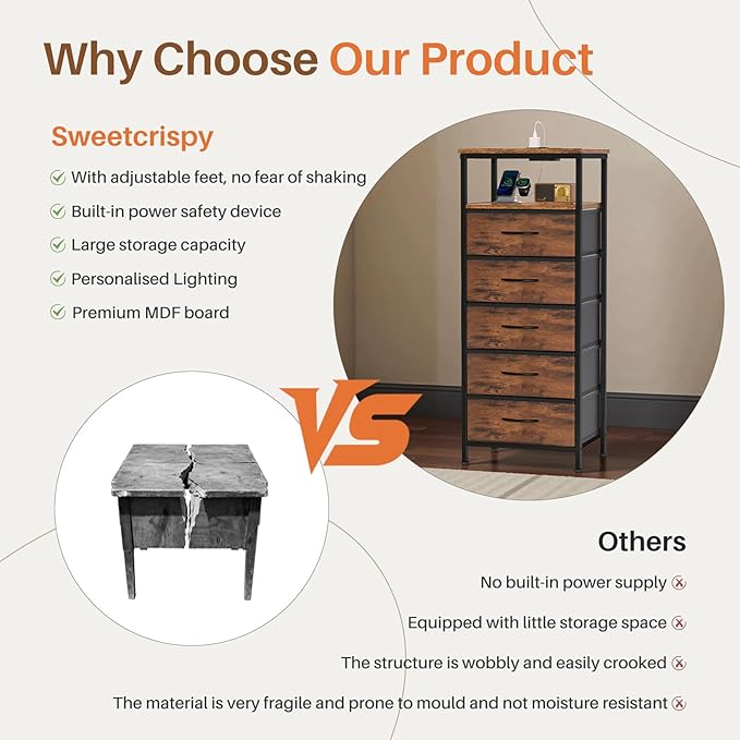 Sweetcrispy Nightstand with Charging Station, Bedside End Table with 5 Fabric Drawers & USB/Type-C Ports and Outlets, Night Stand for Bedroom Furniture, Adjustable Feet and Variable Light Strip, Rust