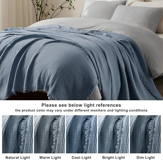 WDCOZY 100% Cotton Muslin Blanket Queen Size 4-Layer for Bed Breathable Lightweight Soft Large Boho Farmhouse Linen Tassels Ruffle Gauze Blankets All Season for Adults 90x90 Inches Dusty Blue