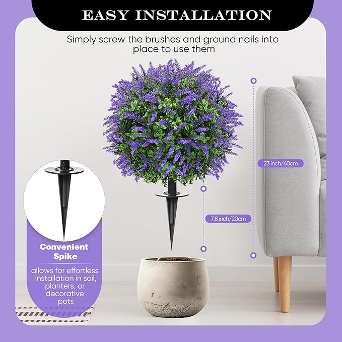 Artificial Topiary Bushes for Outdoors with Spike, Boxwood Ball Fake Shrubs UV Resistant Faux Plants for Indoor Outdoor Fall Thanksgiving Halloween Decor (Lavender Boxwood Purple-2 Packs)