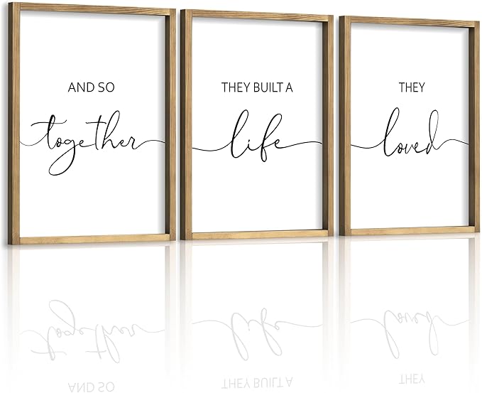 Houmury Framed Set of 3 And So Together They Built A Life They Loved Above Bed Wall Decor Wall Art for Farmhouse Home Bedroom Kitchen Living Room Wood Signs (Brown,12"x16")