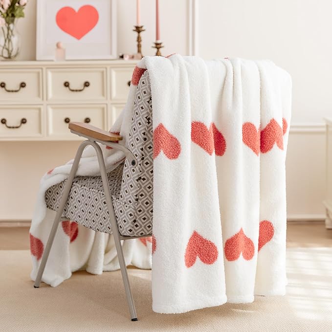 Amazon Basics Fleece Throw Blanket, Reversible Decorative Hearted Pattern for The Bed, Couch and Sofa, 50" W × 60" L, Red Heart