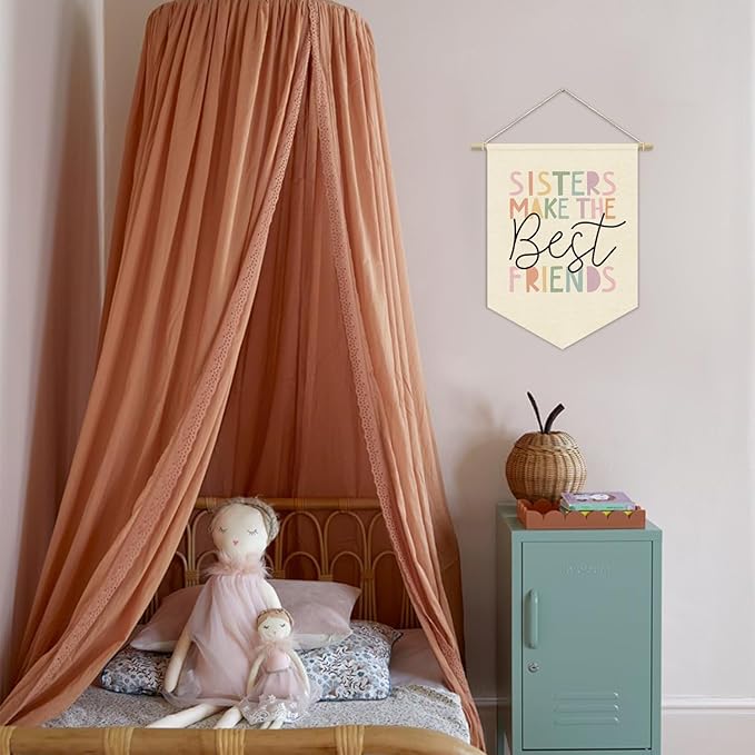 Girls Room Wall Art Decor,Toddler Girl Room Cute Pink Nursery Bedroom Playroom Canvas Banner Decorations,Sisters Make The Best Friends Wall Hanging Pennant Flag Banner