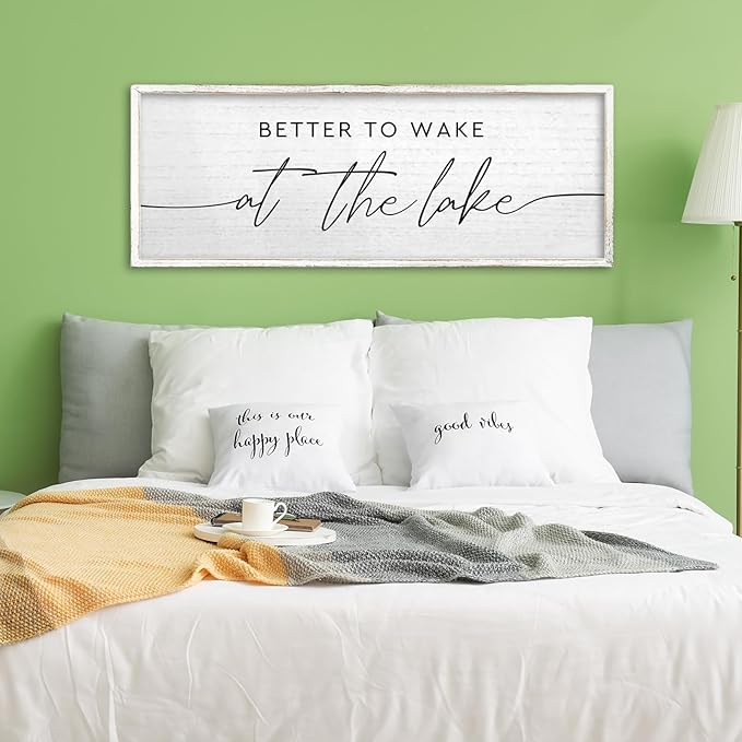 TQianJiang Better To Wake At The Lake Above Bed Wall Decor 40"×15" for Lake House Bedroom Over Bed Sign Large Wood Framed Wall Hanging Art (White)