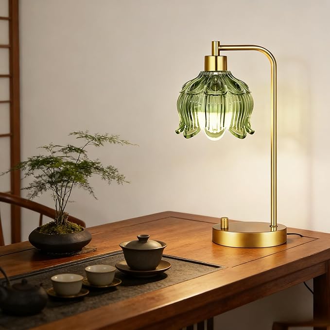 Glass Table Lamp Set of 2,Small Gold Bedside Lamps Dimmable Boho Bedroom Lamp with Tulip Flower Green Lamp Shade,Vintage Mid Century Modern Mini Nightstand Lamp for Bedroom Living Room