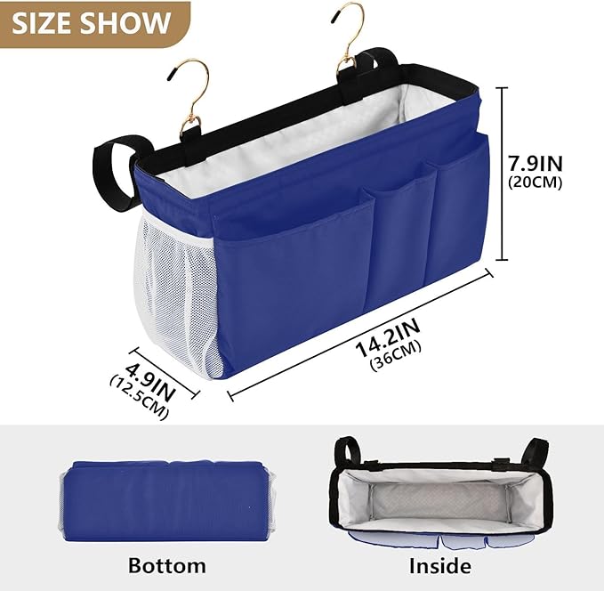 DOMIKING Blue Bedside Caddy for Dorm Bed Recliner Armrest Organizer with Hooks Haning Storage Bags for Headboards Rails Bunk Bed