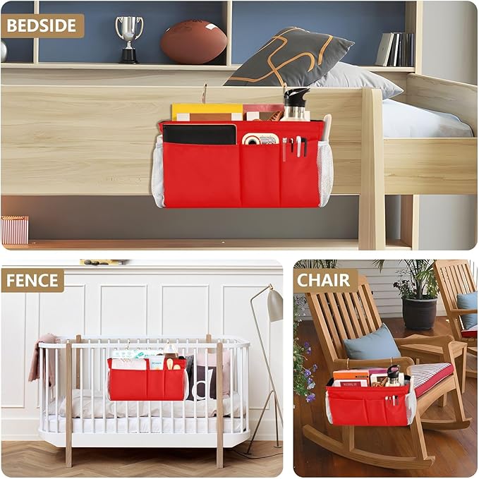 YETTASBIN Red Bedside Caddy Hanging Storage Organizer Bag with 2 Straps & Hooks for Bunk Beds, College Dorm, Hospital Bed - Holder for Books, Phone, Magazine, Glasses, Keys