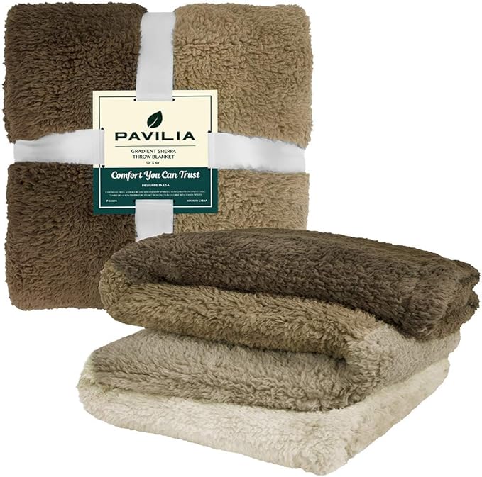 PAVILIA Fluffy Sherpa Throw Blanket Ombre | Gradient Plush, Soft, Fuzzy, Decorative Accent Throw Blanket for Couch Sofa Bed | Cozy Warm Decorative Furry Faux Fur Blanket, 50x60 Inches Taupe