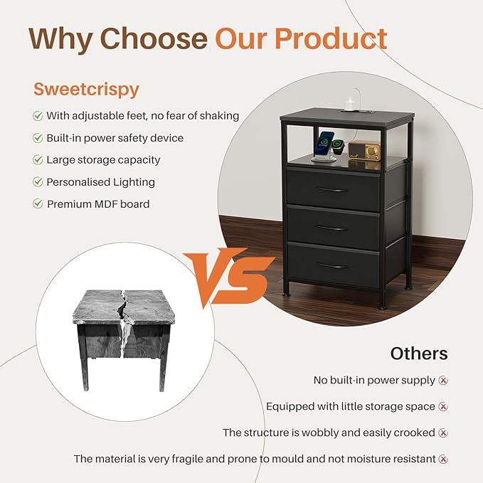 Sweetcrispy Nightstand with Charging Station, Bedside End Table with 3 Fabric Drawers & USB/Type-C Ports and Outlets, Night Stand for Bedroom Furniture, Adjustable Feet and Variable Light Strip, Black
