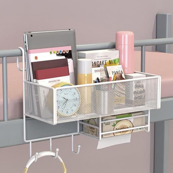 Bedside Caddy for Dorm Bed, Bunk Bed Accessories Bedside Shelf, Bedside Hanging Storage Basket with Hooks Multi-Function Organizer Caddy Room Essentials for College Students Girl,White,A