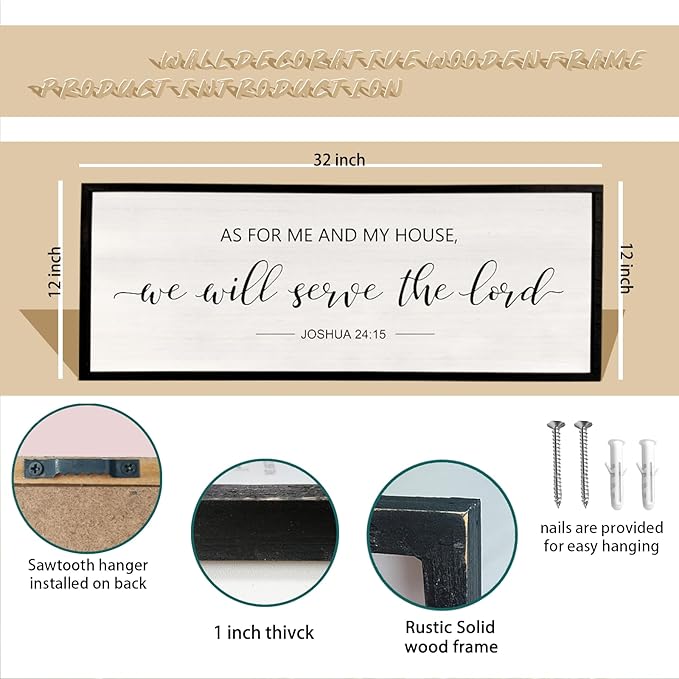 comurdyo As For Me And My House We Will Serve The Lord Wall Decor 32" x 12" Bedroom Above Bed Sign Large Rustic Farmhouse Wood Framed Bible Verse for Religious Scripture Christian Wall Art (Black)