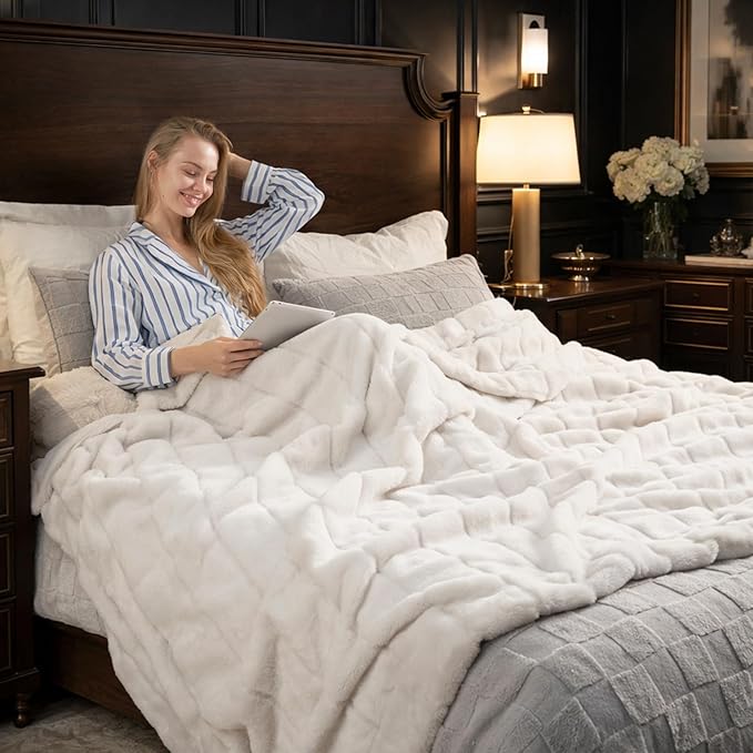 Cozy Bliss Deluxe Sheared Rabbit Faux Fur Throw Blanket, Soft Fuzzy High-Low Sculpted Plush Blanket for Couch, Cozy Home Accent, All Season Use, Beige 90"x90"