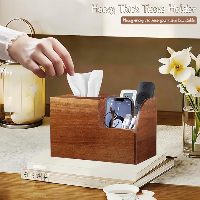 Wood Tissue Box Cover Square wiht Storage, Acacia Tissues Box Holder, Decorative Cube Tissues Box Organizer with Remote Control Holder for Bathroom, Nightstand, Modern Farmhouse Decor
