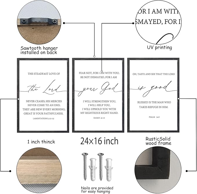 The Lord Your God Is Good Bible Verses Wall Art Decor Set of 3 24"x16" Bedroom Above Bed Inspirational Christian Scripture Wood Framed Sign Rustic Home Living Room Office Wall Hang (Black)