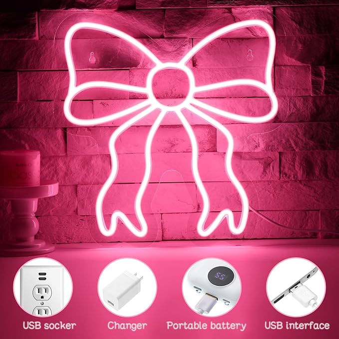 Retisee Pink Bow LED Neon Sign Bedroom Women Room Neon Light Sign Coquette Aesthetic Home Wall Preppy Dorm Beauty Room Salon Decor Party Bar Decoration Gift for Her 11.8x11.8in
