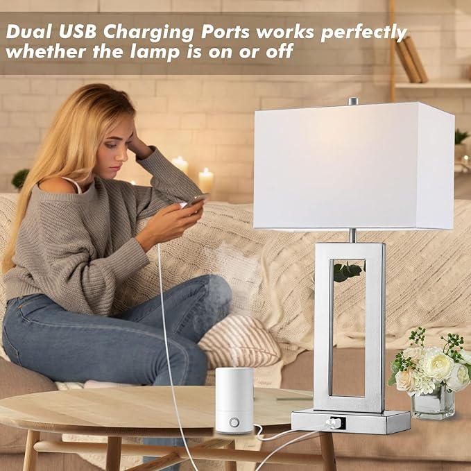 Silver Table Lamps Set of 2 with Dual USB Ports,3-Way Dimmable Touch Control Bedside Lamps,Modern Bedroom Table Lamp for Living Room,Nightstand LED Bulbs Included