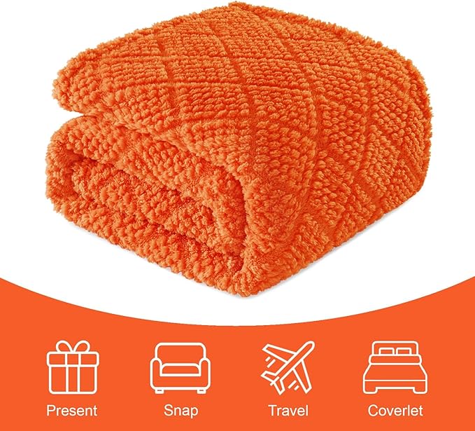 Whale Flotilla Fuzzy Fleece Throw Blanket for Couch, Bed, Soft Fluffy Jacquard Waffle Blankets for All Season, Lightweight and Warm, 50x60 Inch, Burnt Orange