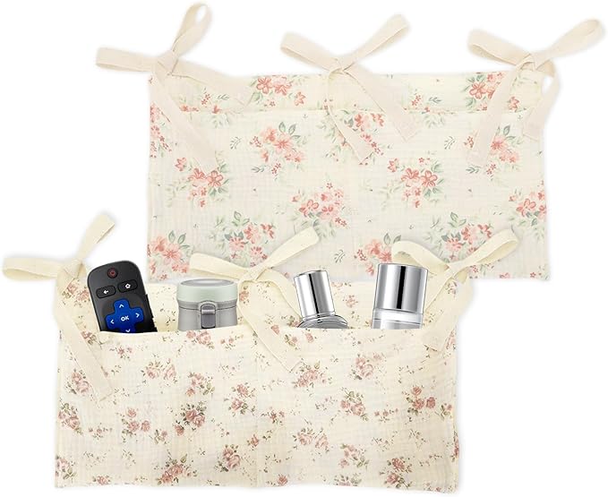2 Pieces Floral Pattern Bedside Caddy with 2 Pockets, Bedside Hanging Storage Organizer, Dorm Rooms Bunk Bed Storage Bag for Home Phone Remote Control Key Glasses (Beige)