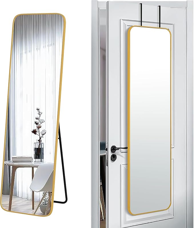 57x16 Door Hanging Full Length Mirror, Floor Stand (Height 5.7ft just Body in1.3ft) Wall Mounted Metal Frame Rectangle Dressing Mirrors for Bedroom Bathroom Room 57 inch Gold