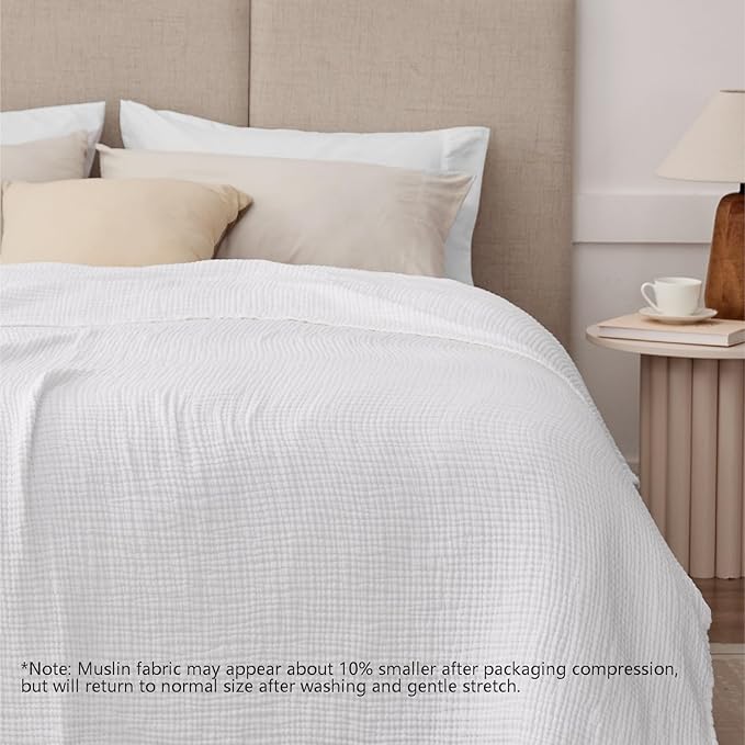 100% Cotton Muslin Blanket California King 120" x 90", 6 Layers Breathable and Lightweight Oversized Blankets for Bed, Soft Cooling Gauze Blanket for Adults All Season, White