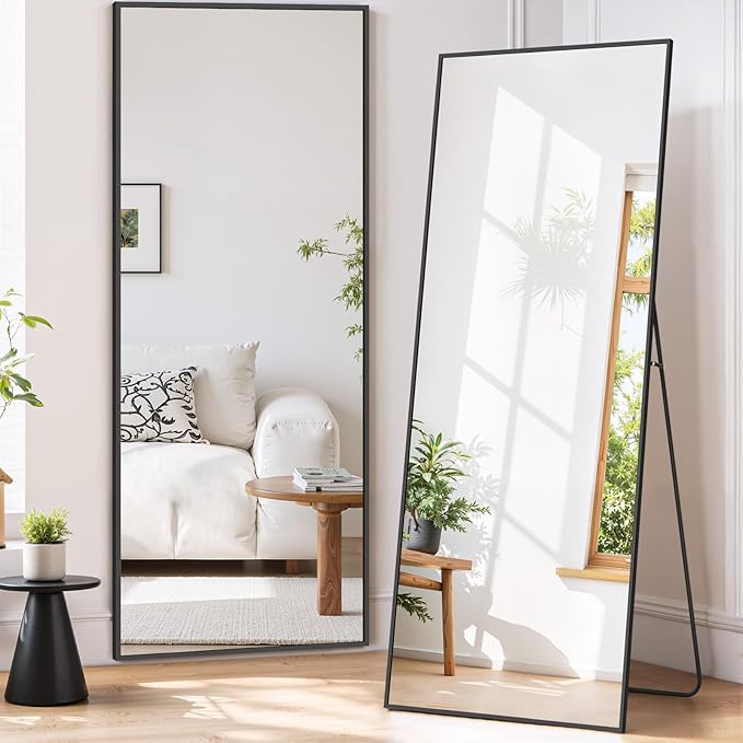 Full Length Mirror 64"x21" Full Body Mirror Rectangle Free Standing Wall Mounted Leaning Floor Mirrors with Stand Aluminum Alloy Frame for Bedroom Cloakroom, Black