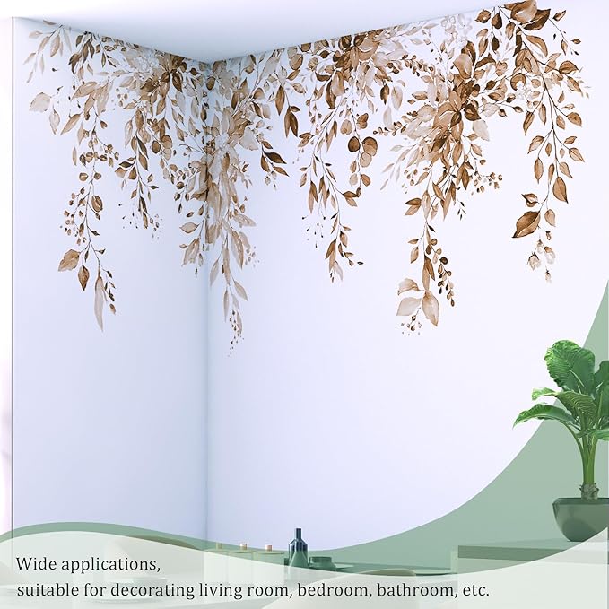 Brown Plants Leaves Wall Decals Peel and Stick, Large Floral Flowers Vinyl Wall Stickers, Removable Vine Home Decor Art for Bedroom Living Room Classroom Office