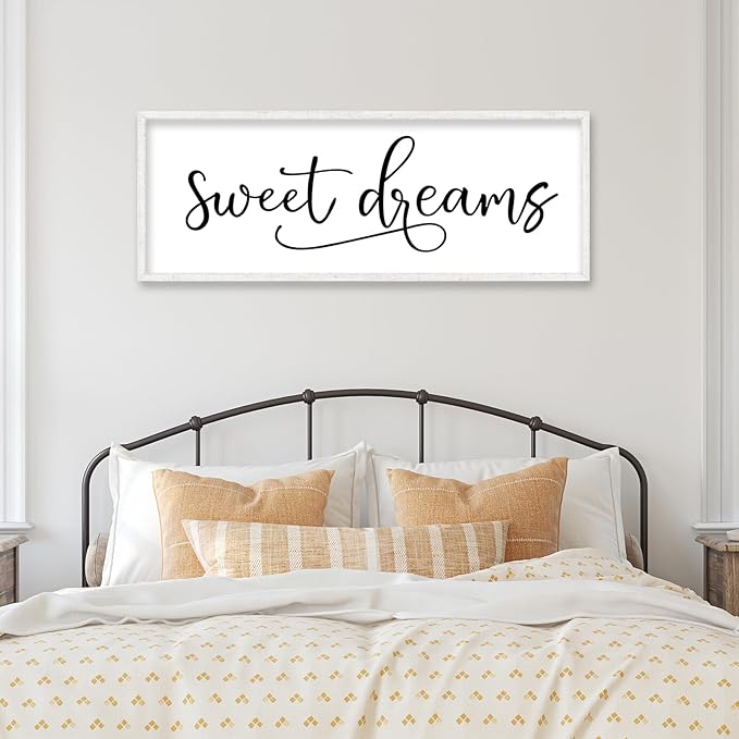YWJKWLGS Sweet Dreams Wall Decor Sign 40x15 Inch Handwritten Art for Bedroom & Kids Room 40x15 Inch Above Over Bed Rustic Modern Farmhouse Large Wooden Framed Wall Hanging Art (White)