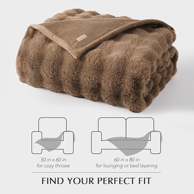EverGrace Ultra Soft Luxury Fluffy Faux Rabbit Fur Throw Blanket, Thick Warm Bubble Throw for Bed, Cozy Plush Reversible Blankets for Couch, Chair, Sofa, Natural Tan, 60x80 Inches