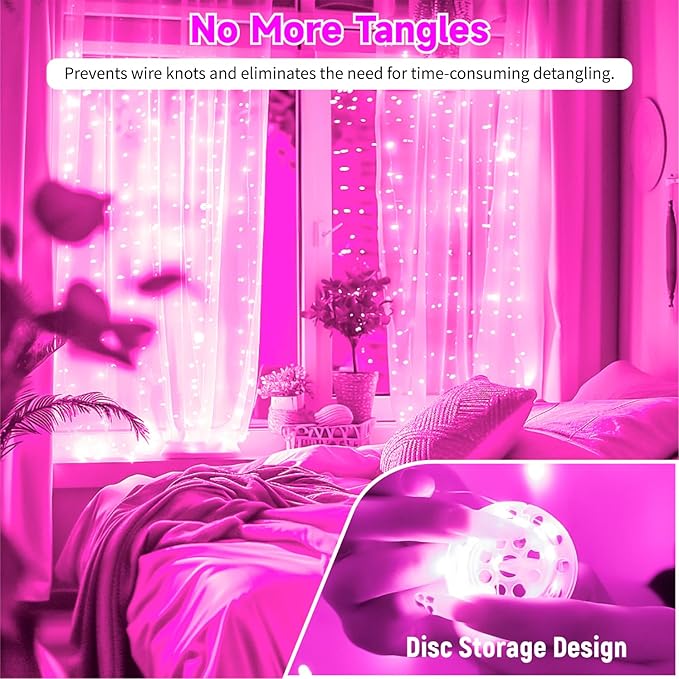 HXWEIYE 300LED Untangled Curtain Lights, 9.8x9.8Ft USB Fairy Twinkle String Lights with Remote and DIY Timer, 8 Modes Window Wall Hanging Light for Bedroom Dorm Backdrop Room Decor, Pink