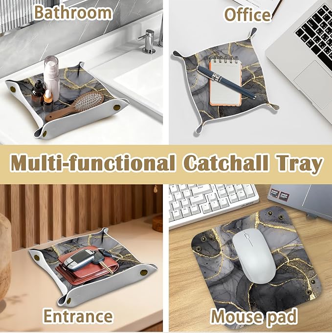 Marble Jewelry Valet Tray for Women Men, Black and Gold Marble PU Leather Catchall Beside Caddy Nightstand Organizer Tray for Jewelry Rings Watches Keys and Accessories, 7.87x7.87in