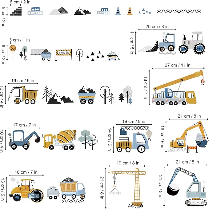 decalmile Construction Vehicles Wall Stickers Trucks Tractor Excavator Crane Wall Decals Nursery Boys Bedroom Playroom Wall Decor