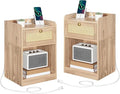 Rattan Nightstands Set of 2 with Charging Station, Boho Nightstand, Rattan Bedside Tables with Drawer, Storage Side Table with 2 USB Ports, Bedroom, Natural MBZ01UP2WO