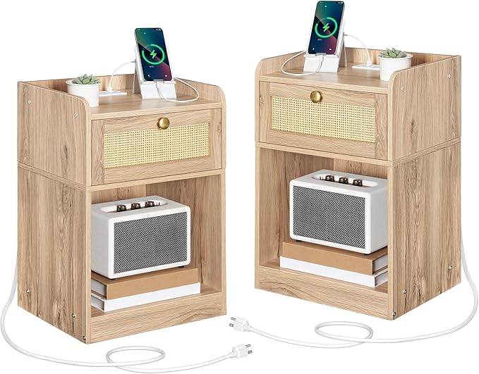 Rattan Nightstands Set of 2 with Charging Station, Boho Nightstand, Rattan Bedside Tables with Drawer, Storage Side Table with 2 USB Ports, Bedroom, Natural MBZ01UP2WO