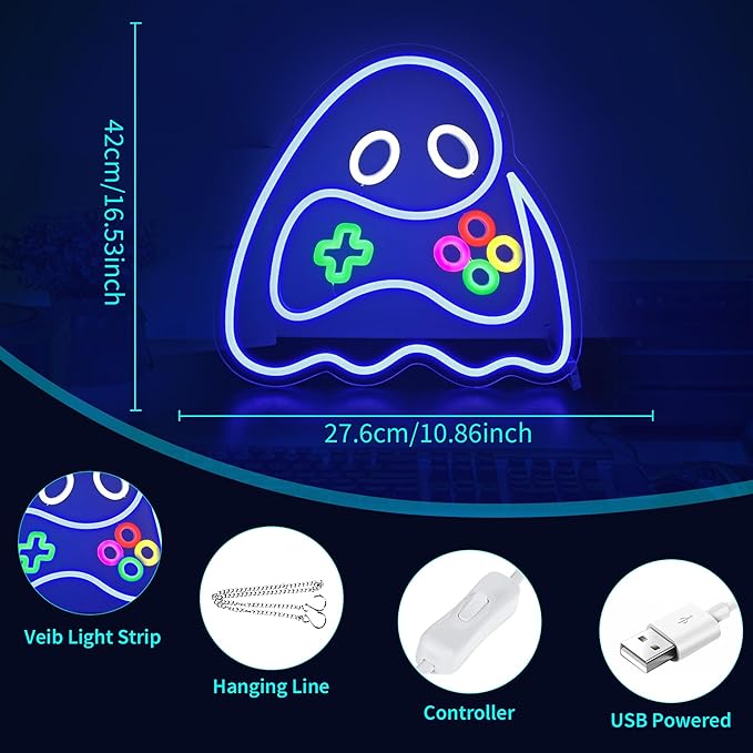 Neon Sign, HSJNJKFU Game Neon Signs for Wall Decor Ghost Gaming Led Light up Signs for Room Home Halloween Playroom Party Bar Beer Signs for Man Cave - LED Neon USB Powered