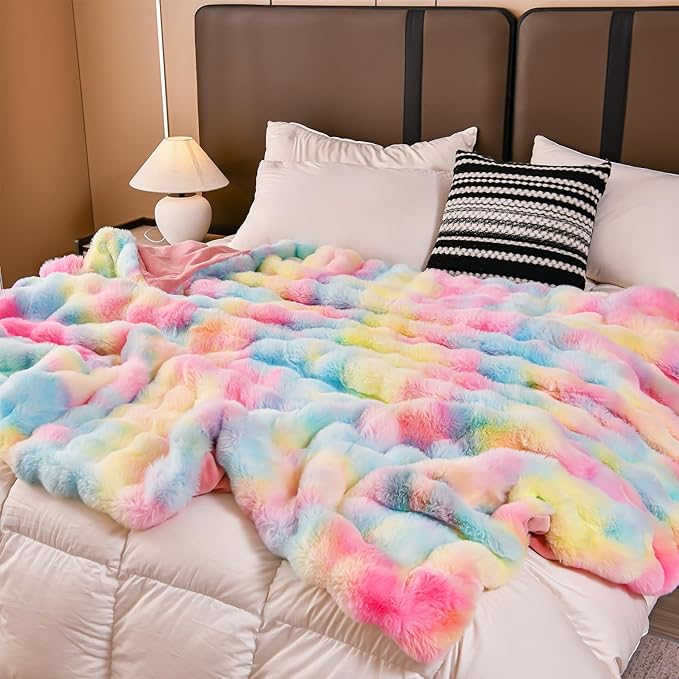 H&D Faux Fur Throw Blanket for Couch,Fluffy Cozy Soft Plush Luxury Thick Fuzzy Fleece Blanket for Couch Bed Sofa Bedroom Living Room,Comfy Bubble Blanket