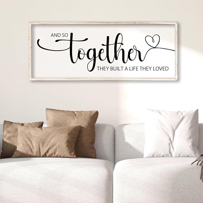 And So Together They Built A Life They Loved Sign Wall Decor 40"x15" Above Over Bed Master Bedroom Large Wood Framed Wall Hanging Art (White)