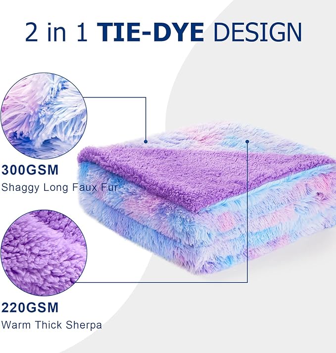 DANGTOP Fuzzy Faux Fur Throw Blanket, Tie Dye Fluffy Blanket, Super Soft Purple Blanket for Girls, Luxury Cozy Warm Plush Thick Sherpa Throws for Bed Couch Living Room (Purple, 50X60 inches)