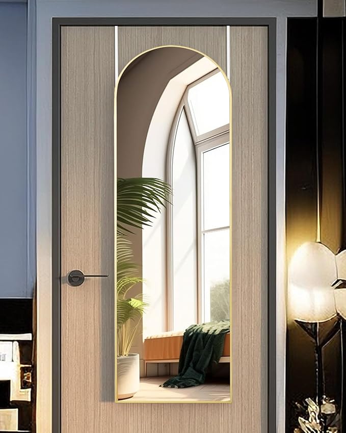 Full Length Mirror 48x14 Inches - Over The Door Hanging Mirror for Bedroom, Living Room, Closet - Arch Floor Mirror, Door Mirror with Gold Frame - No Drill Easy Install