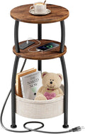 Side Table with Charging Station, Small Round End Table with Basket, USB Port and Outlet, 3 Tiers Sofa Couch Table Bedside Table for Living Room Bedroom, Small Spaces, 11.81in Rustic Brown