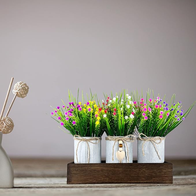 Gypsophila Baby's Breath Artificial Flowers in Rustic Metal Pots and Wood Tray, Table Centerpiece Decorations Fake Flowers for Home Décor