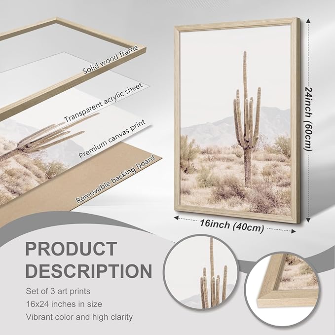 Sonoran Desert Landscape Wall Art Cactus Arizona Canvas Wall Decor Desert Poster Pictures Saguaro Cactus Art Prints Landscape Painting for Home Bedroom 16x24 Inch Wood Framed Set of 3