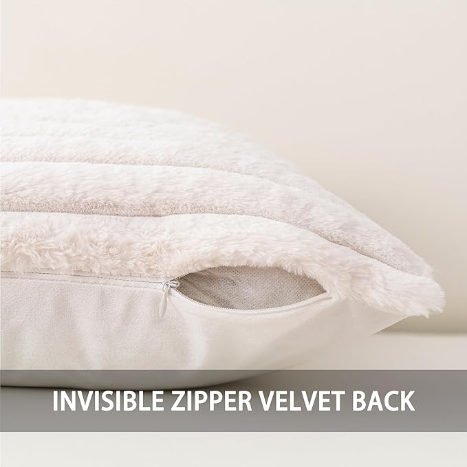 Aegero Pack of 2 Faux Fur Christmas Throw Pillow Covers 20x20 Inch, Soft Plush Striped Neutral Couch Pillow Cover, with Velvet Back Modern Home Decor for Sofa Living Room Couch Bed Cream White