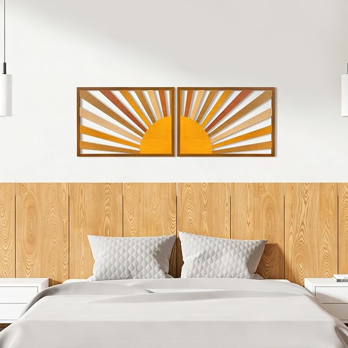 Bnesi 2pcs Boho Wood Wall Art Set Large Bohemian Decoration for Bedroom Above Bed Unique Big Wall Art as Bohemian Wall Decor Ideal for Vintage Home Aesthetics Wall Decor (Colorful)