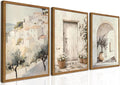 Framed Vintage Italian Wall Art Set of 3, Rustic Neutral Olive Tree Pictures Wall Decor, Mediterranean Farmhouse Landscape Paintings Canvas Prints Country Home Decor for Living Room Bedroom 16x24 inch
